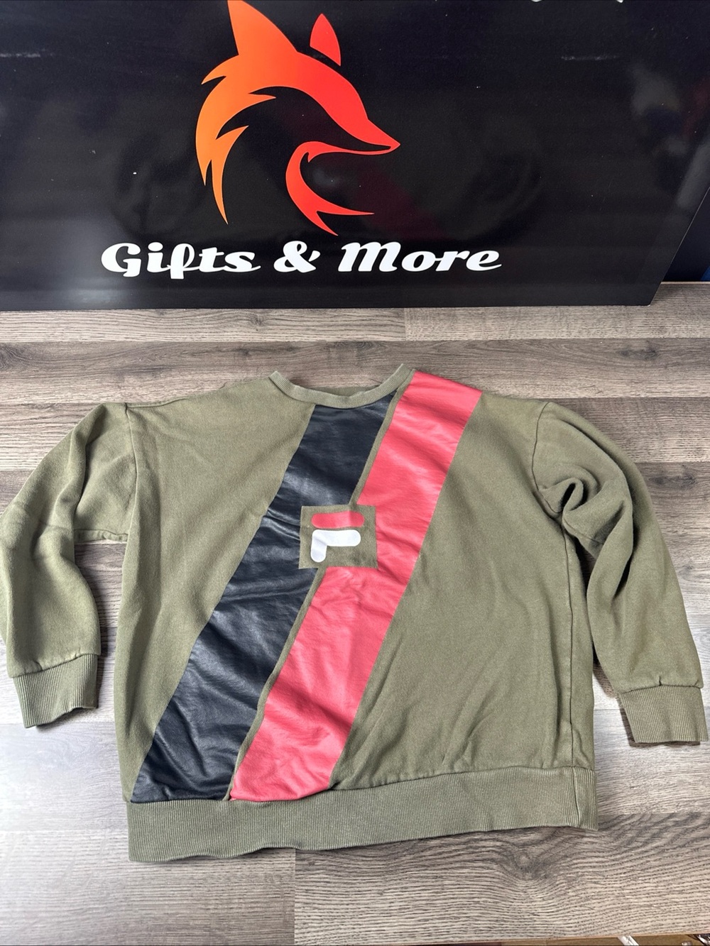 Fila Olive Green Crewneck Sweater with Black and Red Diagonal Stripes